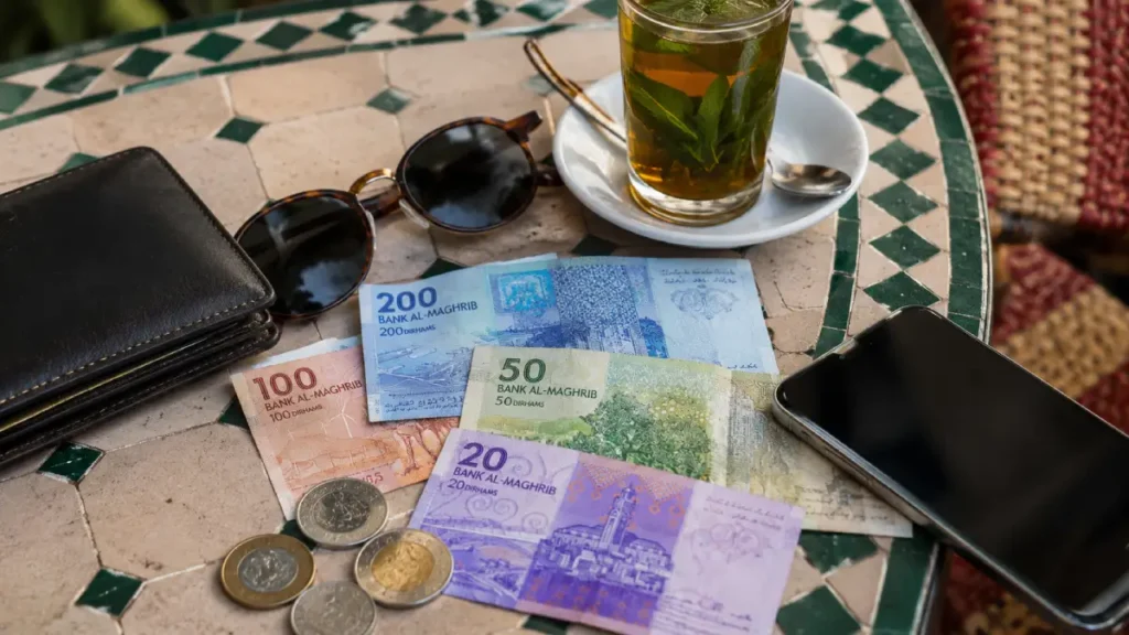 Moroccan dirham cash, travel notes, and a phone on a café table