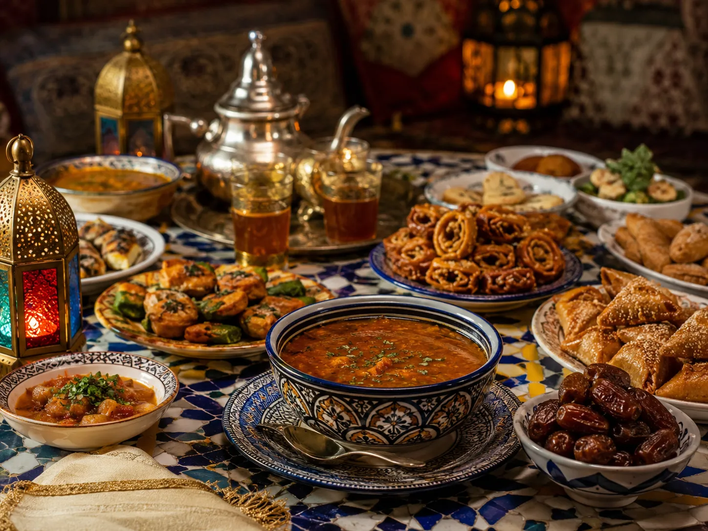 Moroccan Ramadan table with harira, dates, chebakia, tea, and traditional iftar food